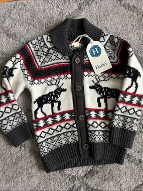 Hatley Gray, White & Red Moose Fair Isle Knit Cardigan